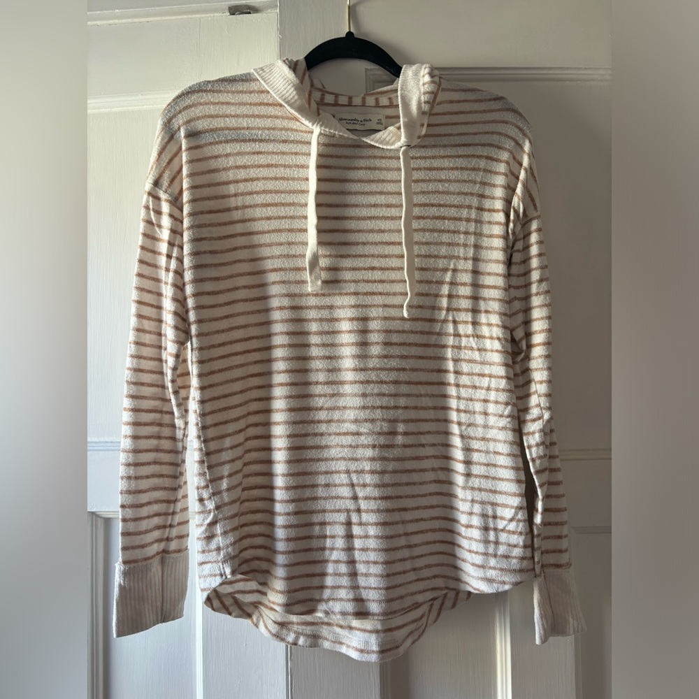 A&F Soft AF Cozy Hooded Striped Long Sweatshirt, Cream and Tan, Size XS